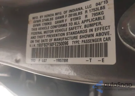 2015 Honda Civic Lx из США, поврежденный, VIN 19XFB2F50FE250096